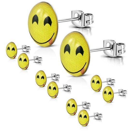 Aramat jewels ® - Ronde zweerknopjes smiley geel acryl staal 9mm