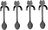 4 Theelepels Hangende Kat - Koffie & Thee - Katten Motief Lepel - Koffielepel - RVS – Zwart