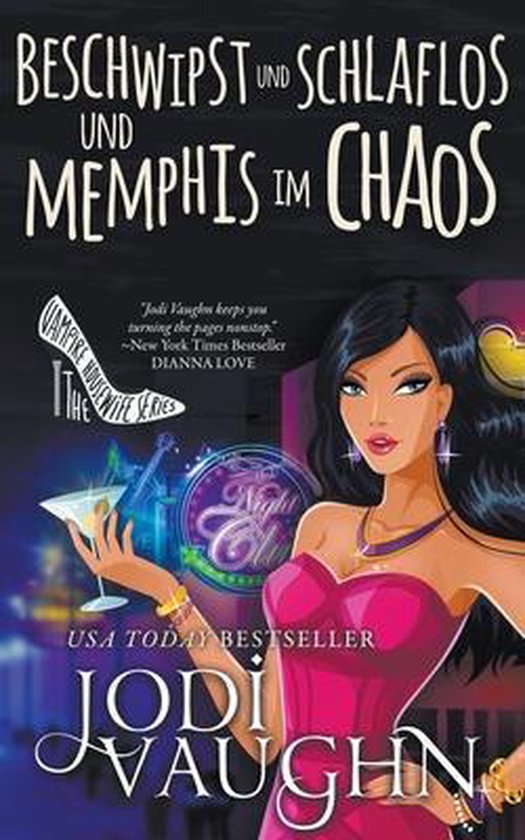 Boekomslag: Beschwipst und schlaflos und Memphis im Chaos, met een vrouw in een roze jurk die een martini vasthoudt.
