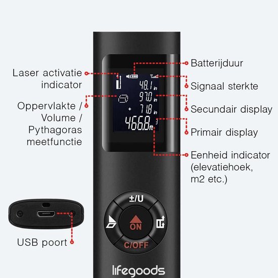 LifeGoods Laser Afstandsmeter - 40M - USB Oplaadbaar incl. Kabel - Zwart
