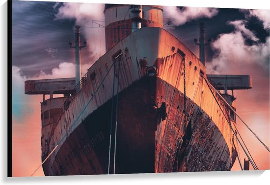 Foto: Canvas oud verroest schip met oranjekleurige lucht 120x80cm foto op canvas schilderij wanddecoratie op canvas 