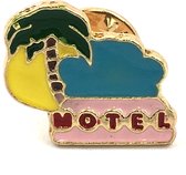 Emaille Pin Van Een Tropische Setting Met Palmboom En Motel Tekst 1.8 cm / 1.6 cm / Blauw Roze Geel Groen