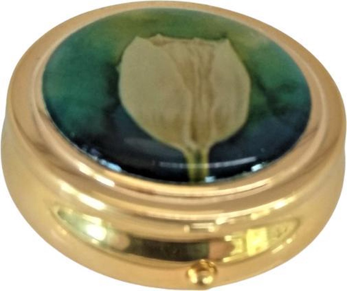 Luxe pillendoosje verguld met echt goud, met spiegel en afbeelding witte geschilderde tulp