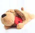 Bruine pluche hond ligt op zijn zij met een rood hart naast zijn oor.