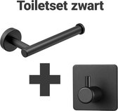Waal© - Toiletrolhouder met haakje - Zwart - mat zwart - Toiletset - zelfklevend - schroeven - WC rolhouder - handdoekhouder - handdoekhaak