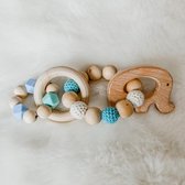 Babybeads - Houten dubbele bijtring olifant - Blauwtinten met wit