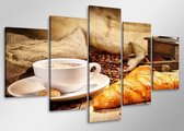 Schilderij - Koffie en croissants, 100x50 cm. 5 luik, wanddecoratie