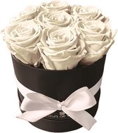 Fleurs de ville - Flowerbox met longlife rozen - Lang houdbare, echte rozen in doos - Gevriesdroogde rozen - 7 rozen - Ronde doos zwart - Classic White