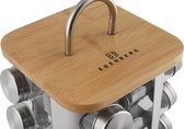 Edënbërg Prestige Line - Porte-pots à Pots d'herbes aromatiques carré en acier inoxydable avec pièces en bois - 16 pots + support