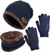 Geweo Hat Snood Gants Set - Bonnet chaud tricoté Baggy - Bonnet d'hiver doublé en laine - Unisexe - Cadeau de Noël - Blauw
