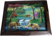 Schilderij op hout olifanten in de rivier bos en bergen lengte 47 cm breedte 37 cm uit Thailand.