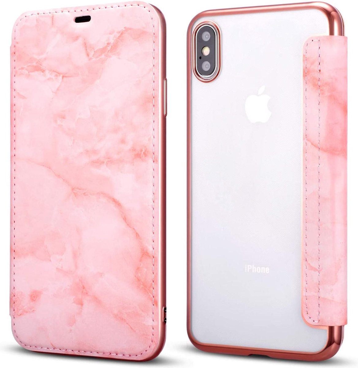 Geschikt voor Apple iPhone XR Flip cover - Roze - Marmer - Folio