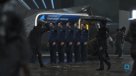 Verschillende mannen in donkere uniformen staan in de regen bij een informatiezuil.