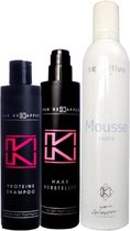 Voordeelset van deKapper: Proteïne shampoo 250ml, Haarhersteller 250ml en Mousse 400ml