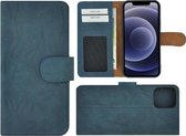iPhone 12 Mini hoesje - Bookcase - Portemonnee Hoes Echt leer Wallet case Washed Turquoise