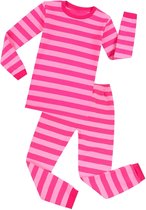 Elowel - Jongen en Meises Gestreepte Pyjama, 2 Delig, 100% Katoen, Comfortabel, Slim fit Broek | 8 Jaar | Roze en Hot Pink