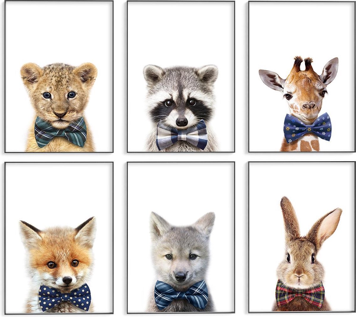 Dieren posters – 6 stuks 21x30 cm - Babykamer/kinderkamer posters – Dieren met strik