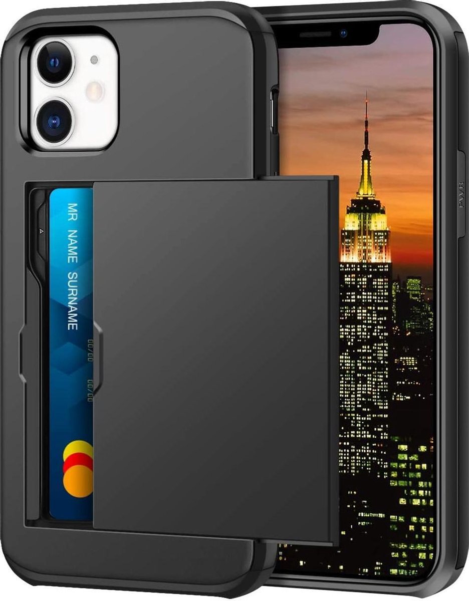 Pasjeshouder Hoesje Geschikt voor Apple iPhone 12 mini – Shockproof Hardcase Backcover met Verborgen Kaartvak – Zwart