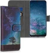 kwmobile telefoonhoesje voor Samsung Galaxy A50 - Hoesje met pasjeshouder in blauw / grijs / zwart - Sterrenstelsel en Boom design