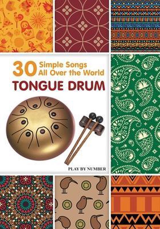 Tambour langue doré avec baguettes, à côté du texte '30 Simple Songs All Over the World Tongue Drum'.