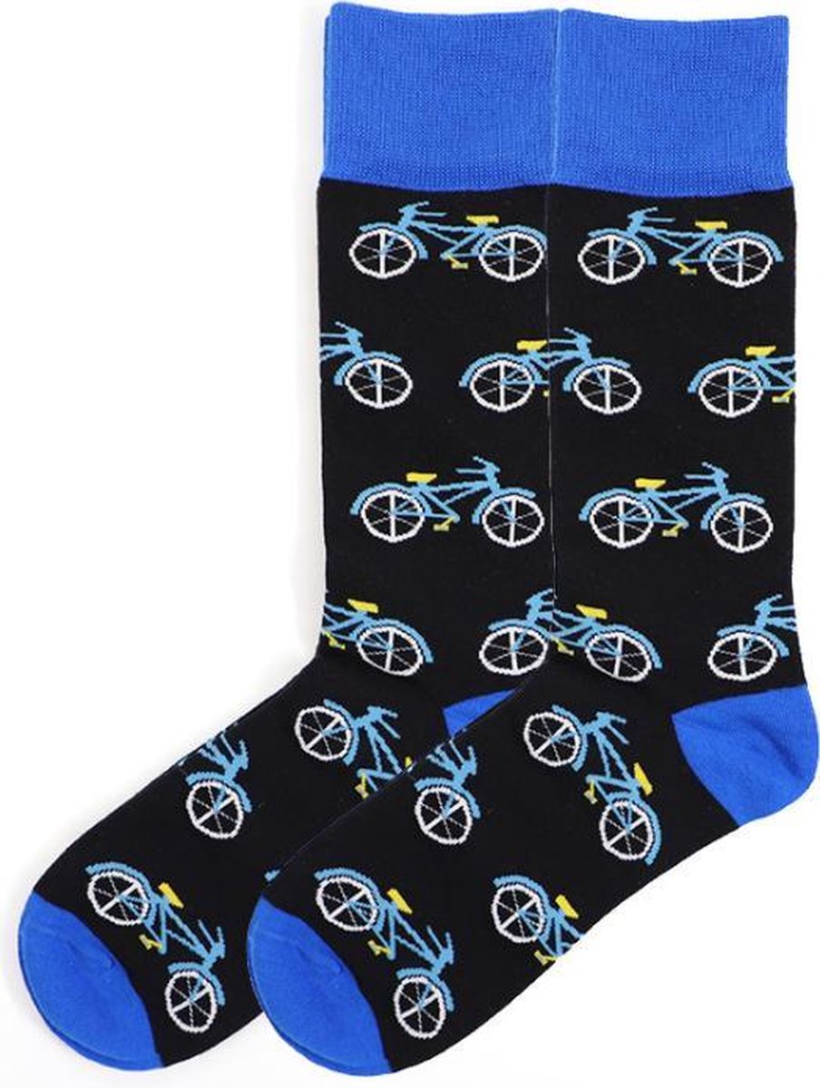 Sokken heren - blauw - zwart - leuke print fiets - 40-46 - cadeau - voor hem