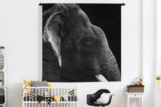 Tapisserie Profils animaux en Zwart- Wit - Profil animal éléphant en noir et blanc Tapisserie en coton 180x180 cm - Tapisserie avec photo