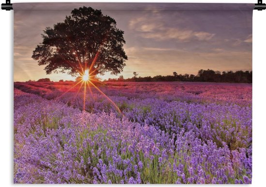 Wandkleed De lavendel - De zon tussen boom op lavendelveld Wandkleed katoen 120x90 cm - Wandtapijt met foto