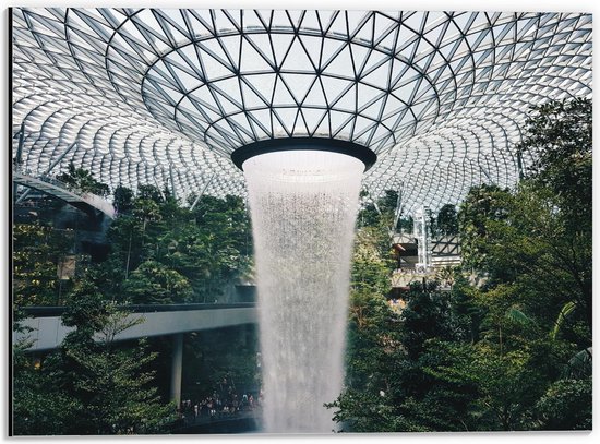 Dibond - Waterval uit Dak - Singapore   - 40x30cm Foto op Aluminium (Wanddecoratie van metaal)