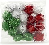 18x Pompom 2cm Kerst - Rood, Groen, Wit - met Glitters