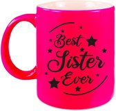 Best Sister Ever cadeau mok / beker - neon roze - 330 ml - verjaardag / bedankje - kado voor zus / zusje