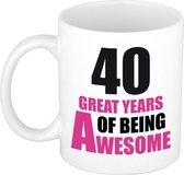 40 great years of being awesome mok wit en roze - cadeau mok / beker - 40e verjaardag / 40 jaar