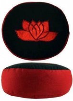 Meditatiekussen zwart/rood lotus geborduurd - Katoen - Boekweit - 33x17 - Zwart - Rood