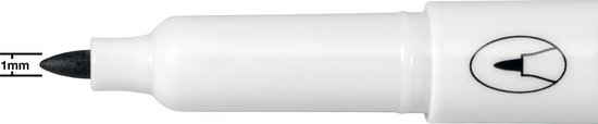 Close-up van de 1mm punt van een witte whiteboardmarker met een zwart logo.