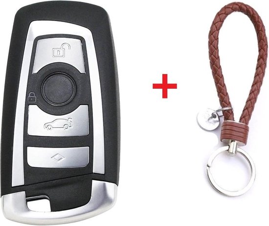 Autosleutel smart key 4 knoppen CAS4-YGOHUF5662 sleutelbehuizing geschikt voor Bmw sleutel z4 / 1 / 3 / 4 / 5 / 6 / 7 series / bmw sleutel behuizing + gevlochten bruin PU-lederen sleutelhanger