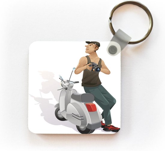 Porte-clés illustration Vespa - Illustration de quelqu'un avec un appareil photo et un porte-clés scooter Vespa en plastique - porte-clés carré avec photo