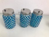 Decoratieve mozaïek glaasjes - 3 stuks - met LED verlichting in de binnenkant - cyaan