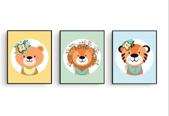 Poster Set 3 - Dieren Beer Tijger Leeuw met Bloemetje - 50x40cm  - Baby / Kinderkamer Muurdecoratie