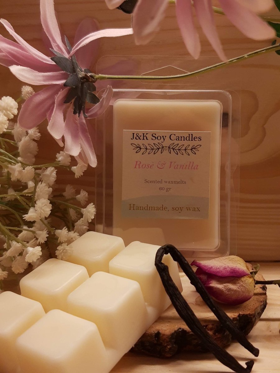 Handgemaakte - Rose & Vanilla - 100 % ecologische sojawas waxmelts - 60 gram - J&K Soy Candles