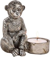 Tealight holder, monkey, poly, silver 10x10x7cm