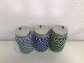 Decoratieve mozaïek glaasjes - 3 stuks - met LED verlichting in de binnenkant - groen - licht- en donkerblauw