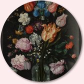 Muurcirkel ⌀ 100 cm - Jacob de Gheyn II, Bloemen in een glazen fles, 1612 - Kunststof Forex - Bloemen en Planten - Rond Schilderij - Wandcirkel - Wanddecoratie