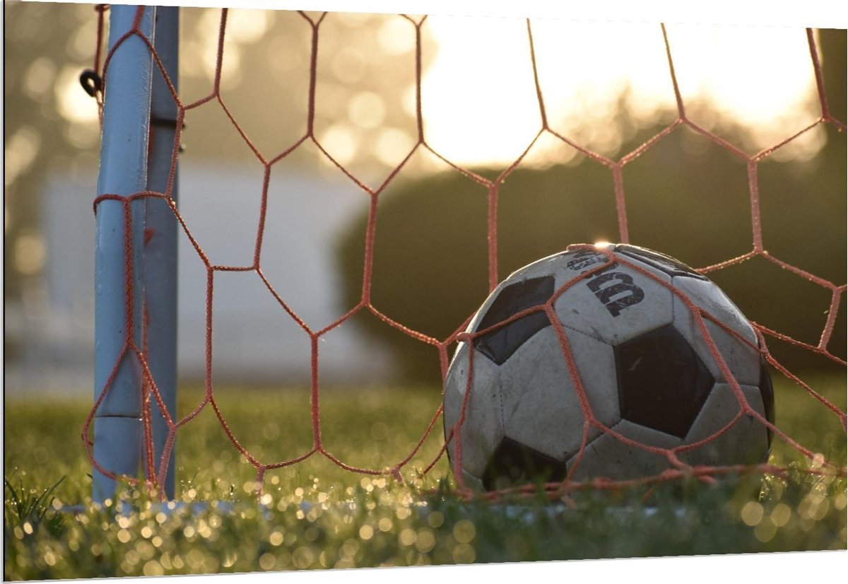 Dibond - Voetbal in de Goal - 150x100cm Foto op Aluminium (Wanddecoratie van metaal)