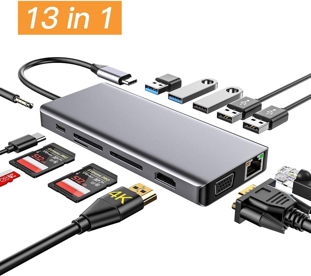 13 in 1 USB C Hub - 13 poorten - 5 x USB 3.0 A - USB splitter - Ethernet - 4K HDMI- Audi Jack - Apple Samsung Converter – MacBook Pro - Multi Splitters Thunderbolt- VGA - RJ-45 - USB-C Power Delivery - SD & TF kaart lezer - USB hub 3.0 - Deal Parts