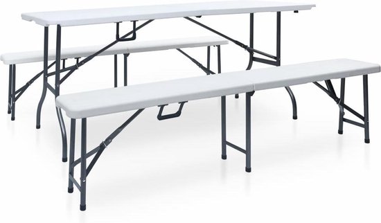 vidaXL Table de jardin avec 2 bancs pliables 180 cm acier et PEHD blanc