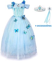 Assepoester -  Cinderella - Prinsessenjurk - maat 122/128(130) + Toverstaf Lint + Kroon - blauw - Verkleedjurk