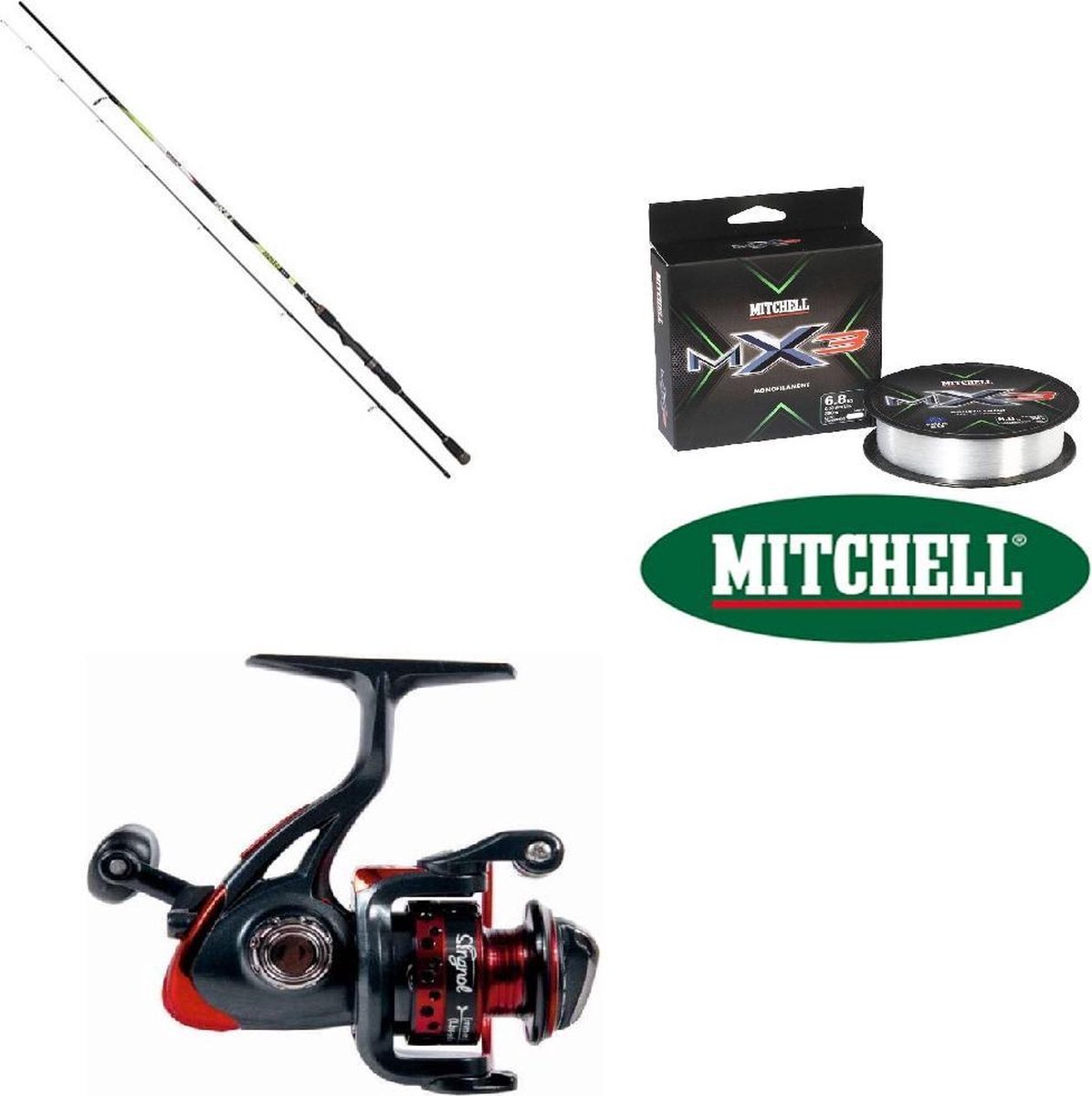 Werphengel Set - Skill 2.40m hengel 2-8gr - Singnol 1000molen - 150 0.20m Mitchell MX3 Nylon - Ultra light - Forel