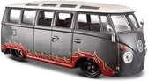 Volkswagen Van ''Samba'' (Donkergrijs/Rood) (22cm) 1/24 Maisto - Modelauto - Model auto - Schaalmodel - Miniatuurauto - Miniatuur voertuig