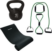 Tunturi - Fitness Set - Kettlebell 16 kg - Fitnessmat 160 x 60 x 0,7 cm - Tubing Set Groen