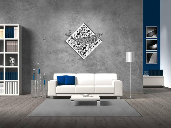 Line Art - Baleine avec fond - M - 60x62cm - AshwoodWhite - décoration murale géométrique