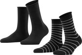 FALKE Happy Stripe 2-Pack zacht met motief versterkt hoogwaardig mid-rise robuust ademend dekkend set kort gestreept Katoen Multipack Zwart Dames sokken - Maat 39-42
